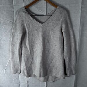 Garnet Hill 100% Cashmere Waffle Knit V-Neck Sweater Oatmeal Beige Womens Small